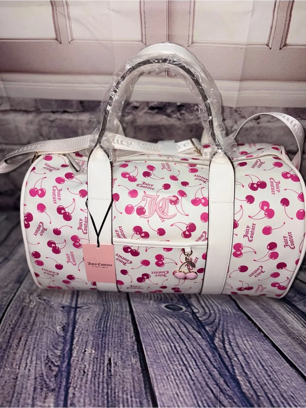 Juicy Couture Cherry Print Weekender Bag White Pink Duffle Travel Bag